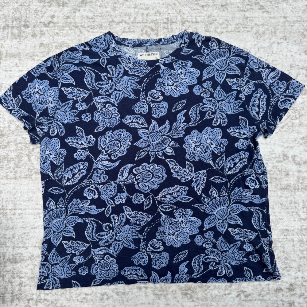 We The Free Free People Floral Print Cotton T-Shirt Navy Blue XS